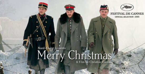 Banner do filme joyeux noel,  Frohe Weihnachten, merry christmas,    Feliz Natal respectivamente em Frances, alemão e Inglês. a trégua de natal de 1914