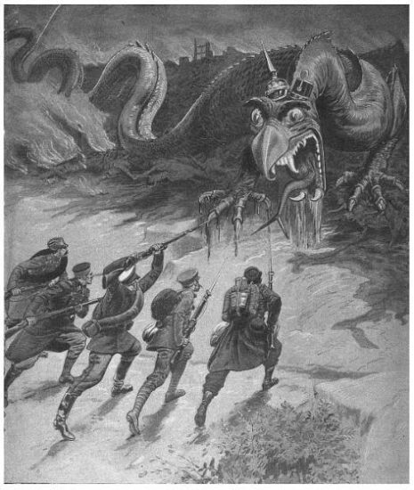 O imperio alemão retratado como um dragão sendo enfretado por soldados da aliança 